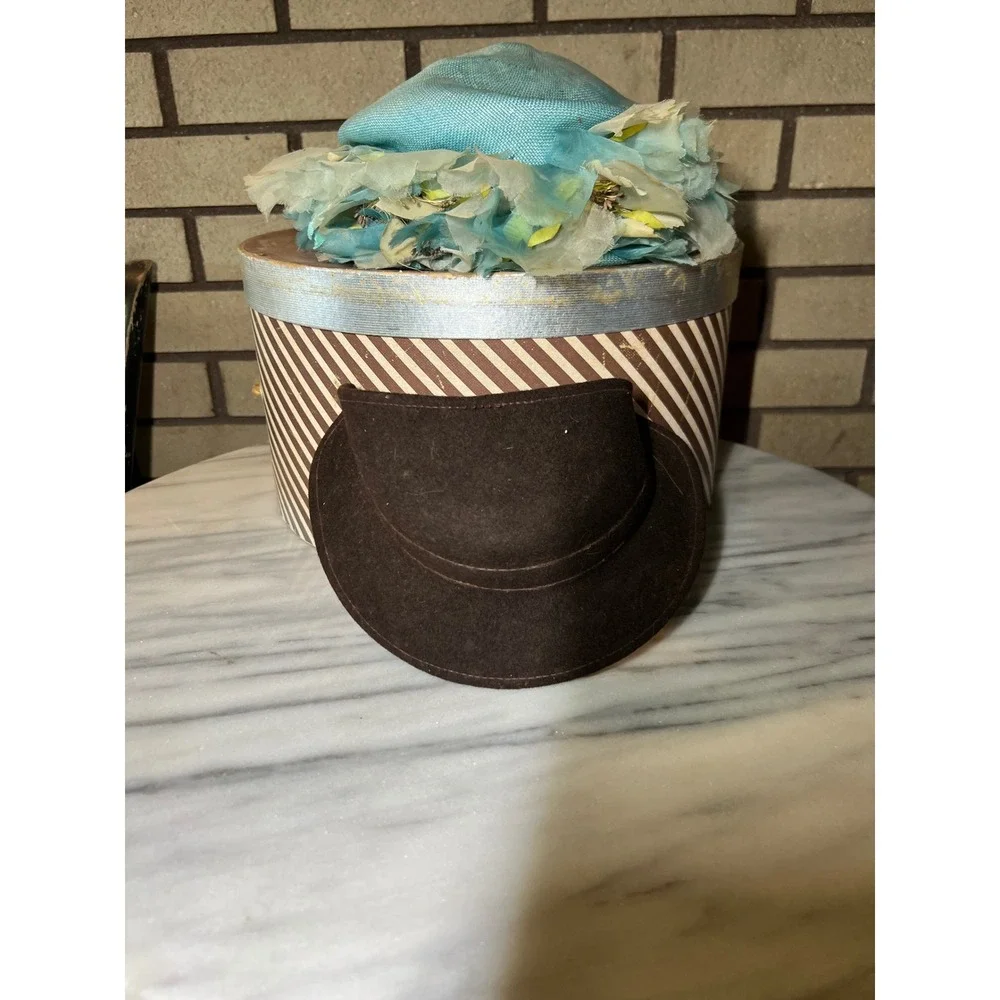Vintage Maxim Aqua Floral Pillbox Hat and Brown Felt Cloche with Ken Blair Box